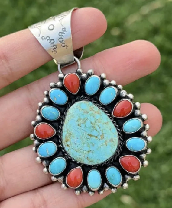 Navajo Sterling Silver Sleeping Beauty Turquoise Coral Cluster Pendant. KY