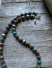 Load image into Gallery viewer, Sterling Silver Heishi Turquoise Coral Bead Necklace. 18 inch