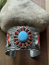 Load image into Gallery viewer, Navajo Native Sterling Silver Red Coral Turquoise Cluster Cuff Bracelet T Jon