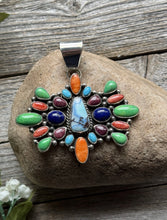 Load image into Gallery viewer, Navajo Sterling Silver Multi Stone Golden Hill Turquoise Spiny Oyster Pendant LY