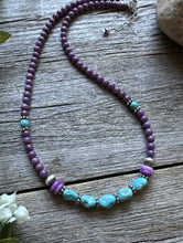 Load image into Gallery viewer, Southwestern 925 Sterling Silver Dyed Sugilite W Turquoise Bead Necklace 18 inch