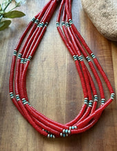 Load image into Gallery viewer, Sterling Silver Multi Strand Heishi Bamboo Coral Turquoise Bead Necklace 22 Inch
