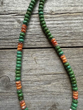 Load image into Gallery viewer, Sterling Silver Green Turquoise Orange Spiny Oyster Bead Necklace. 18 inch