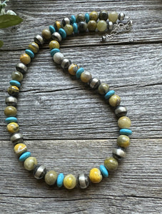 Sterling Silver Bumblebee Jasper Turquoise W Pearls Bead Necklace. 18 inch