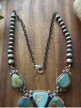 Load image into Gallery viewer, Navajo Sterling Silver Blue Green Royston Turquoise Lariat Pearls Naja Necklace