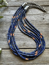 Load image into Gallery viewer, Sterling Silver Multi Strand Stone Lapis Pink Coral Bead Necklace. 26 inch
