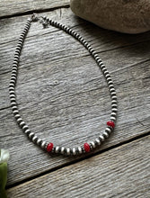 Load image into Gallery viewer, Sterling Silver 4mm Pearls with Red Bamboo Coral Bead Necklace Choker. 14 inch