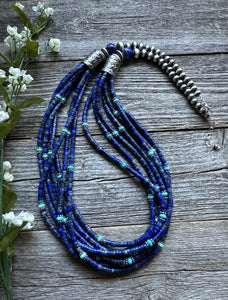 Sterling Silver Multi Strand Stone Lapis Turquoise Bead Necklace. 30 inch