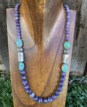 Load image into Gallery viewer, Southwestern Sterling Silver Charoite Turquoise Kokopelli Bead Necklace. 20 Inch