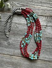 Load image into Gallery viewer, Sterling Silver Blue Green Turquoise Red Coral Pearls Bead Necklace 28 Inch