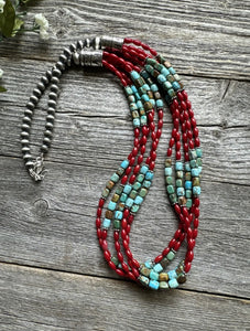 Sterling Silver Blue Green Turquoise Red Coral Pearls Bead Necklace 28 Inch