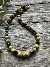 Load image into Gallery viewer, Sterling Silver Black Onyx Bumblebee Jasper Bead Necklace. 18 inch.