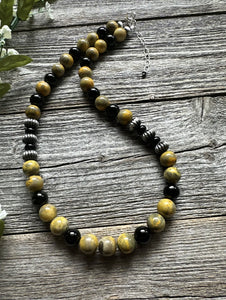 Sterling Silver Black Onyx Bumblebee Jasper Bead Necklace. 18 inch.