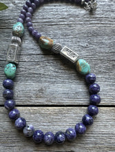 Load image into Gallery viewer, Southwestern Sterling Silver Charoite Turquoise Kokopelli Bead Necklace. 20 Inch