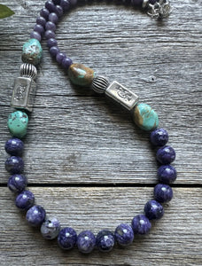 Southwestern Sterling Silver Charoite Turquoise Kokopelli Bead Necklace. 20 Inch