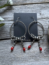 Load image into Gallery viewer, Sterling Silver Bow Red Coral Pearls Hoop Bead Earrings 3.5 Inch