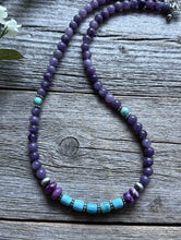 Load image into Gallery viewer, Sterling Silver Dyed Sugilite Charoite W Turquoise Bead Necklace 18 inch