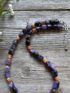Sterling Silver Charoite Nuggets Orange Spiny Oyster Bead Necklace. 18 Inch