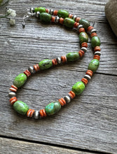 Load image into Gallery viewer, Sterling Silver Orange Spiny Oyster Green Turquoise Bead Necklace. 20 inch
