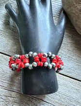 Load image into Gallery viewer, Floral Sterling Silver Red Bamboo Coral Pearls Bead Bracelet. 7 Inch
