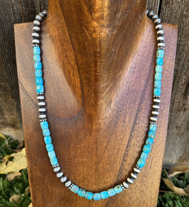 Sterling Silver Blue Turquoise W Pearls Bead Necklace. 18 inch