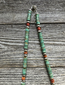 Mens Sterling Silver Green Turquoise Heishi Spiny Bead Necklace. 18 inch