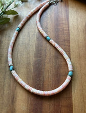 Load image into Gallery viewer, Sterling Silver Heishi Pink Conch Turquoise Bead Necklace 18 Inch