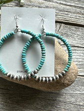 Load image into Gallery viewer, Southwestern 925 Sterling Silver Turquoise Pearls Bead Hoop Earrings 2.75 Inch