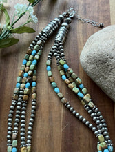 Load image into Gallery viewer, Sterling Silver Multi Strand Blue Green Turquoise Nuggets Pearls Bead Necklace