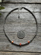 Load image into Gallery viewer, Sterling Silver 4mm Pearls Orange Spiny Oyster Bead Necklace Choker 14 inch