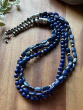 Load image into Gallery viewer, Sterling Silver Multi Strand Stone Lapis Pearls Bead Necklace 24 inch