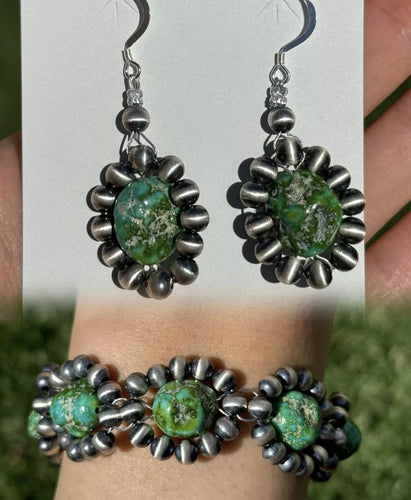 Floral Sterling Silver Sonoran Gold Turquoise Pearls Bead Bracelet Earrings