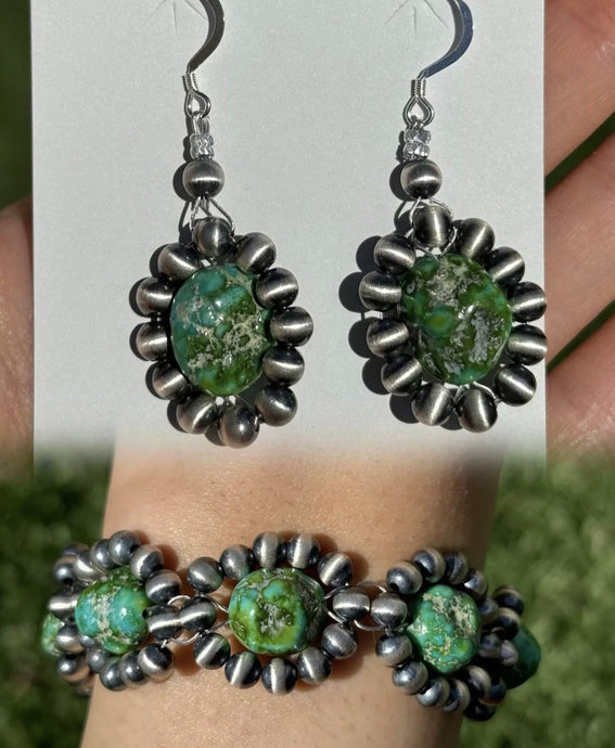 Floral Sterling Silver Sonoran Gold Turquoise Pearls Bead Bracelet Earrings