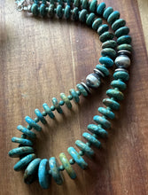 Load image into Gallery viewer, Sterling Silver Graduated Green Turquoise Rondelle Bead Necklace. 18 inch