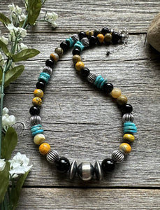 Sterling Silver Multi Stone Turquoise Onyx BumblebeeJasper Bead Necklace 18 inch