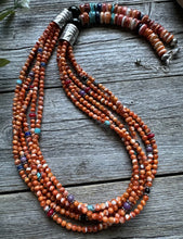 Load image into Gallery viewer, Sterling Silver Multi Strand Stone Orange Spiny Oyster Bead Necklace. 26 inch