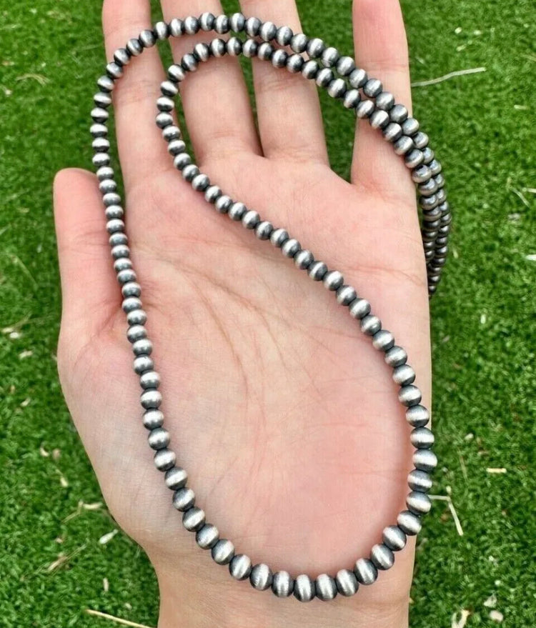 5mm 18 Inch 925 Sterling Silver Oxidized Pearls Bead Necklace Southwestern