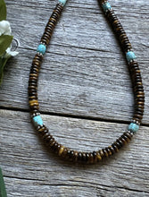 Load image into Gallery viewer, Southwestern 925 Sterling Silver Blue Turquoise Tigers Eye Bead Necklace 18 inch