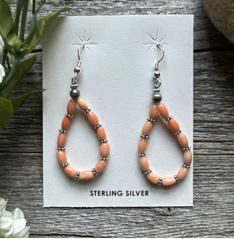 Southwestern 925 Sterling Silver Pink Coral Pearls Bead Earrings. 2 Inch