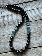 Load image into Gallery viewer, Sterling Silver Black Onyx Turquoise Bead Necklace. 18 Inch Gift