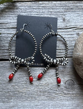 Load image into Gallery viewer, Sterling Silver Bow Red Coral Pearls Hoop Bead Earrings 3.5 Inch