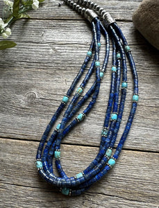 Sterling Silver Multi Strand Lapis  Turquoise Pearls Bead Necklace. 24 inch