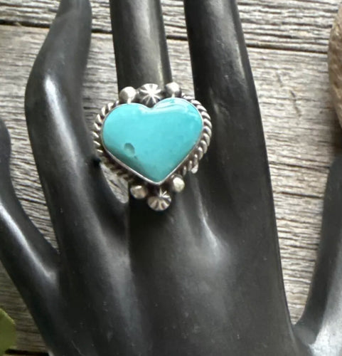 Native American Sterling Silver Blue Turquoise Adjustable Heart Ring. AM