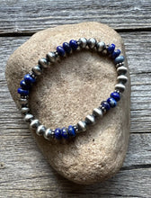 Load image into Gallery viewer, Lapis 6mm 7 Inch Stretch Sterling Silver Pearls Bead Bracelet