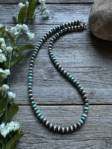 Sterling Silver Blue Turquoise W 6mm Pearls Bead Necklace. 18 inch
