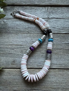 Sterling Silver Multi Stone Pink Conch Kokopelli Bead Necklace 18 Inch