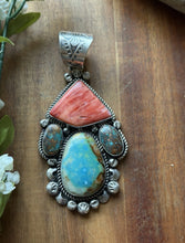 Load image into Gallery viewer, Navajo Native Sterling Silver Multi Stone Turquoise Red Spiny Oyster Pendant RY