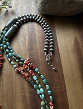 Load image into Gallery viewer, Sterling Silver Multi Strand Blue Green Turquoise Spiny Oyster Bead Necklace 30”