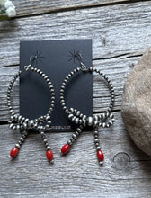 Load image into Gallery viewer, Sterling Silver Bow Red Coral Pearls Hoop Bead Earrings 3.5 Inch