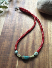 Load image into Gallery viewer, Sterling Silver Red Coral Turquoise Nuggets Bead Necklace 18 inch